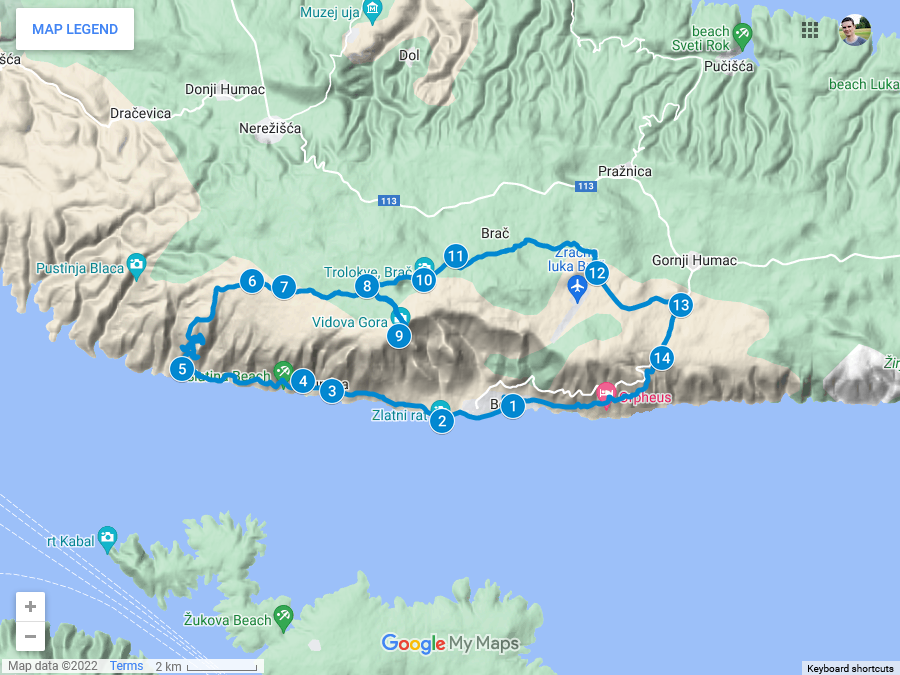 Zemljevid druge poti po Braču