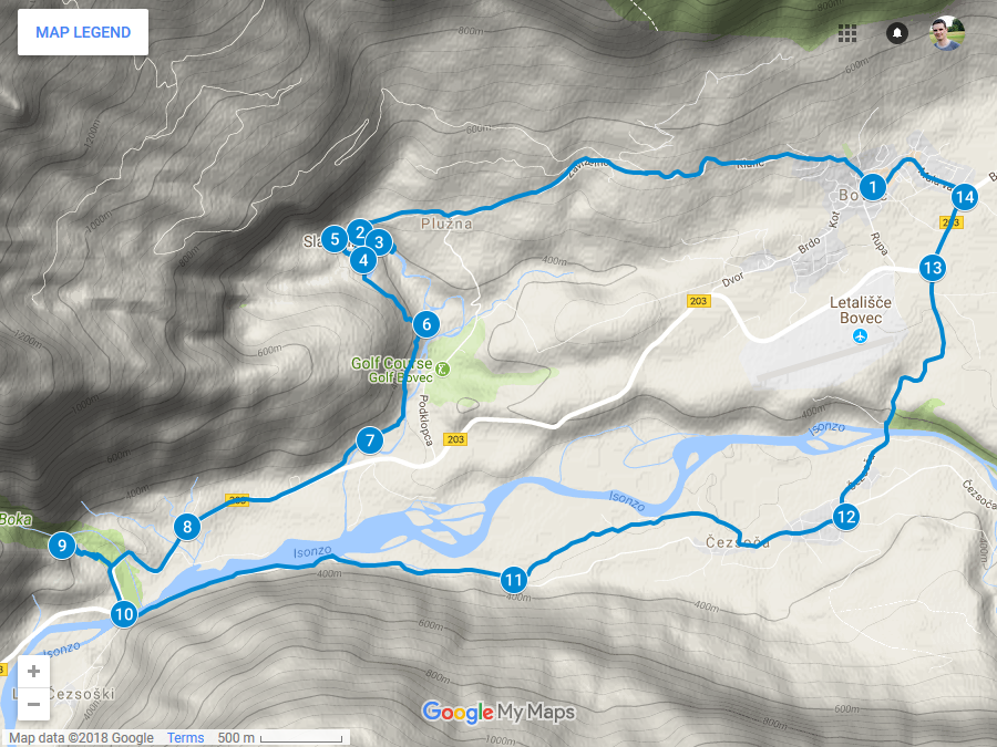 Zemljevid poti iz Bovca do slapa Virje, izvira Gljun in slapa Boka