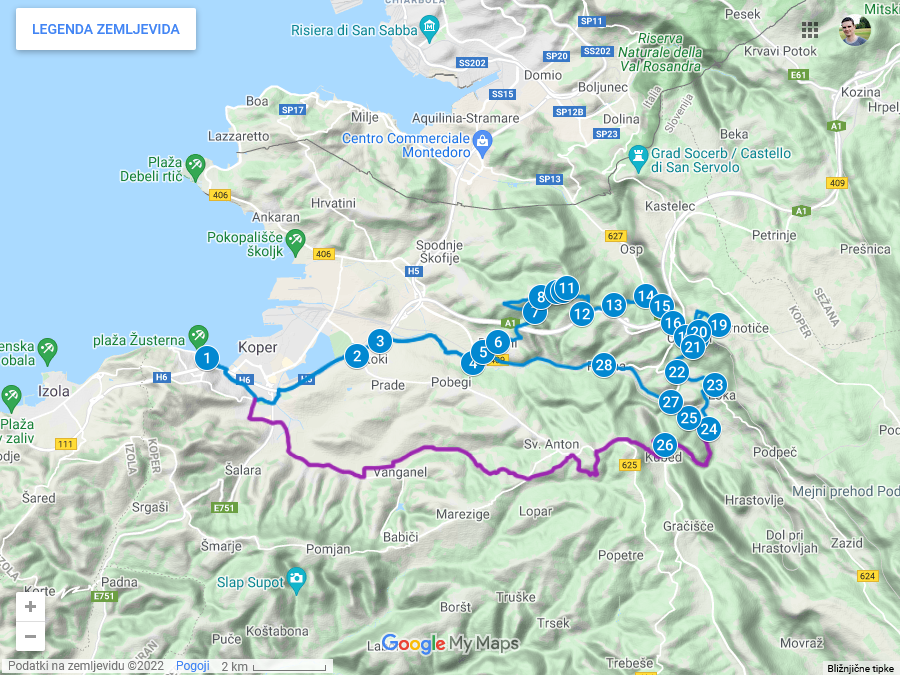 Zemljevid poti iz Kopra na Črni Kal