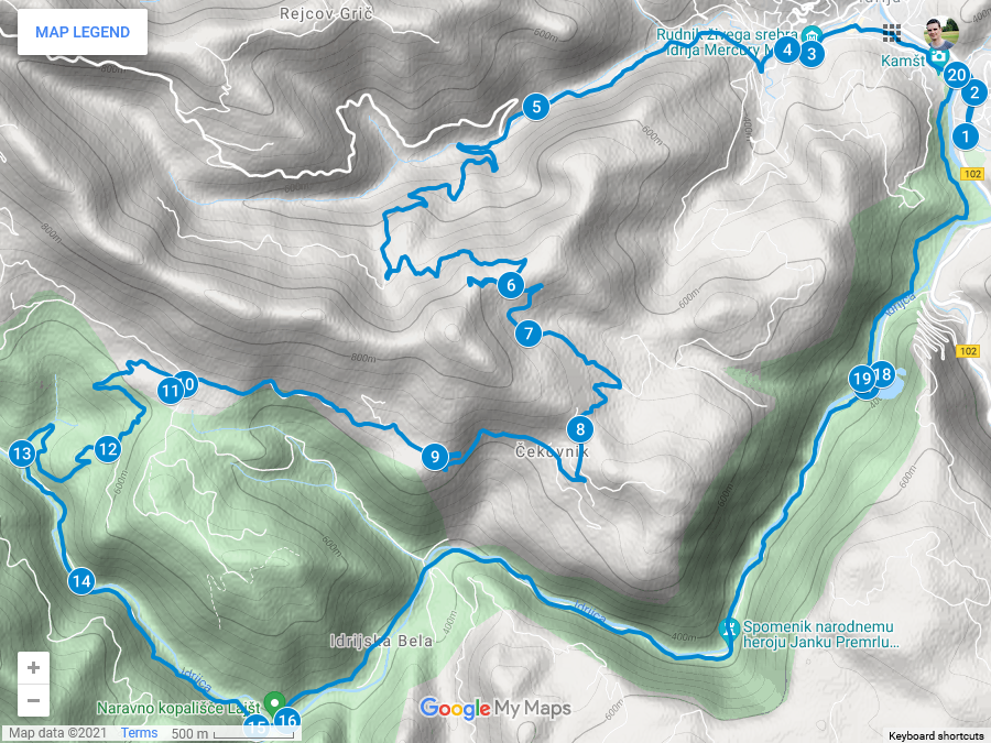 Zemljevid poti iz Idrije na Hleviše