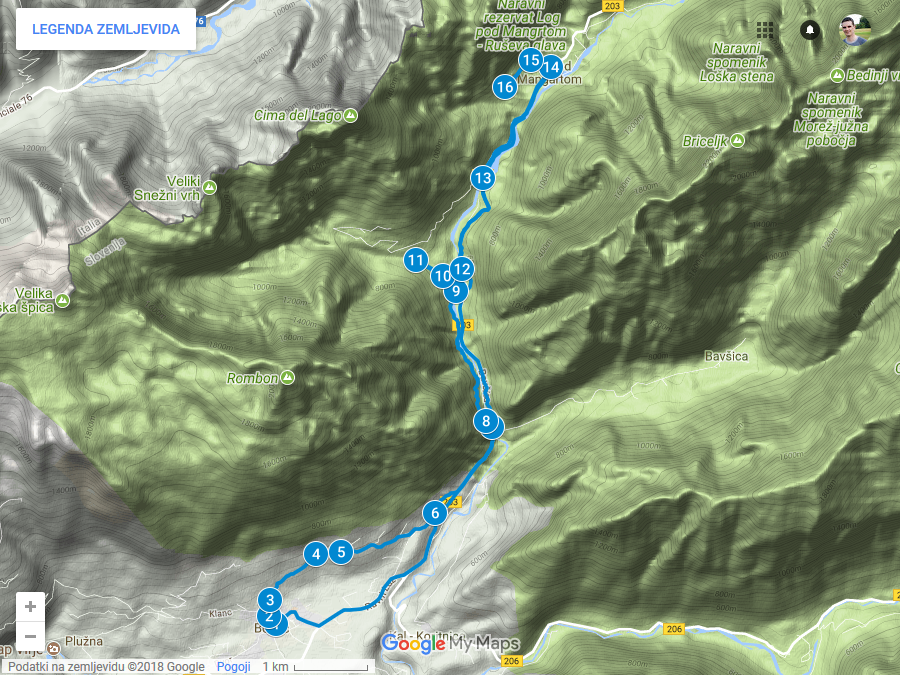 Zemljevid poti iz Bovca do Kluž in Loga pod Mangartom