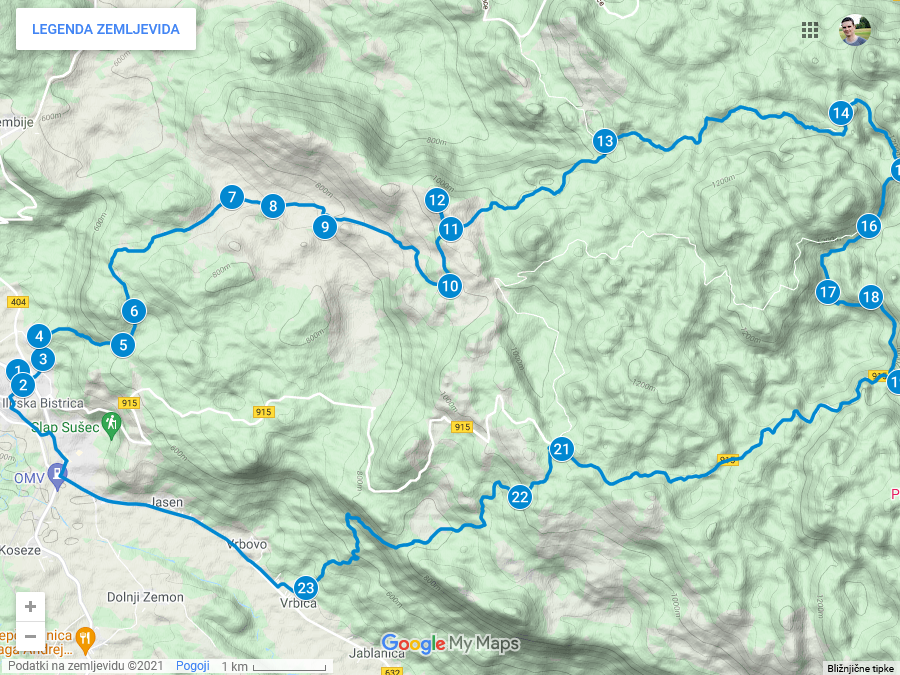 Zemljevid poti iz Ilirske Bistrice na Veliko Melanijo