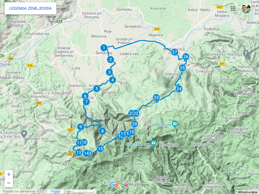 Zemljevid poti iz Šentjerneja na Trdinov Vrh