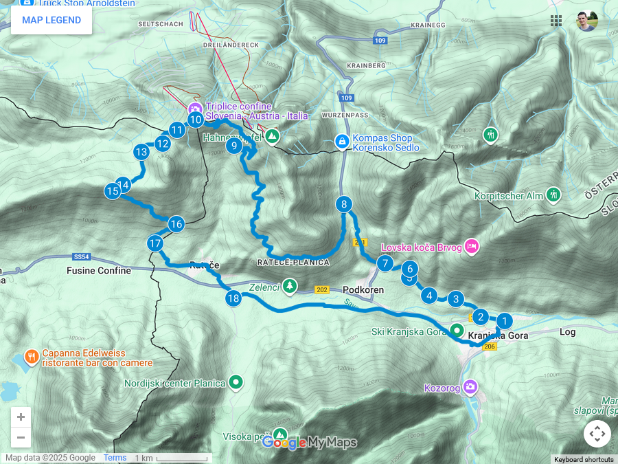 Zemljevid poti iz Kranjske gore na Tromejo
