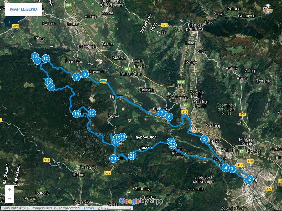 Zemljevid poti od Kranja do Vodiške planine